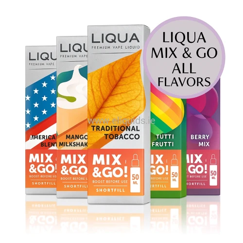 Liqua Mix & Go all flavours 50ml shortfill e-liquids – American Blend, Mango Milkshake, Traditional Tobacco, Tutti Frutti, Berry Mix – available now at eliquids.ie Irela