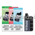 Titan 10K disposable vapes in Watermelon Ice, Strawberry Raspberry and Cool Mint with device on white background