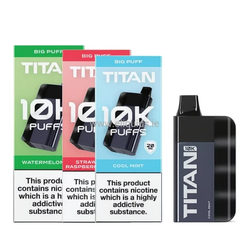 Titan 10K disposable vapes in Watermelon Ice, Strawberry Raspberry and Cool Mint with device on white background