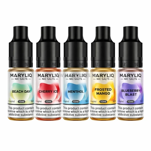 MARYLIQ Nic Salts 5 Pack – Beach Day, Cherry Ice, Menthol, Frosted Mango, Blueberry Blast – 10ml bottles on white background