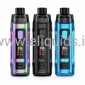 Triple pod vape device kit – rainbow, black and blue versions, front view with display screen, 100W smart mode