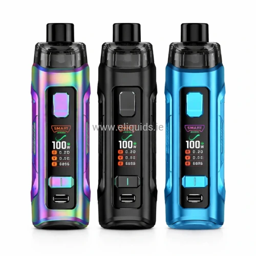 Triple pod vape device kit – rainbow, black and blue versions, front view with display screen, 100W smart mode