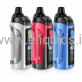 Geekvape pod vape kit 60W – silver, red and blue versions, front view with display screen