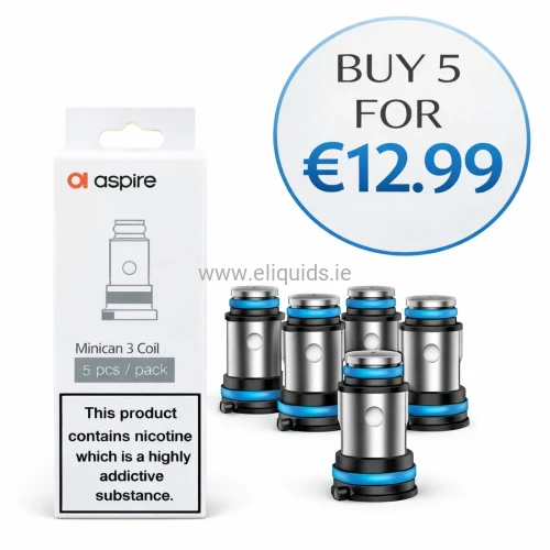 Aspire Minican 3 Coil 5 pcs pack with five replacement coils displayed next to retail box and Buy 5 for €12.99 promotional badge