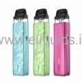 Vaporesso pod devices in blue, green and pink colours with transparent pods and black mouthpieces displayed on white background