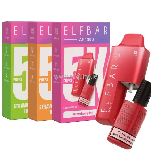 Elfbar AF5000 disposable vapes with colourful packaging and Strawberry Ice device on white background