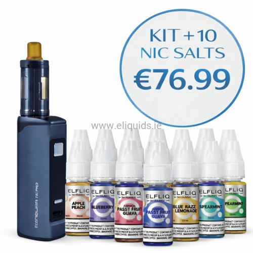 Innokin vape kit bundle with 10 Elfliq nic salt e-liquids on white background