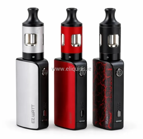 Innokin EZ Watt vape kit in three colours – silver, red and black crackle finish on white background