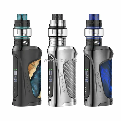 Three Innokin Kroma 217 vape kits displayed side by side on a white background in resin blue, carbon silver and stabilized wood finishes