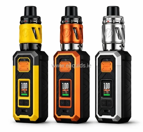 Armour 100W vape kit triple colour lineup featuring yellow, orange and silver variants with sub-ohm tank, digital display and rugged industrial body design on white background.