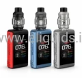 Three GeekVape box-mod vape kits in red, blue and silver colour variants with GeekVape Z sub-ohm tanks, shown on white background with SMART 76W screen display