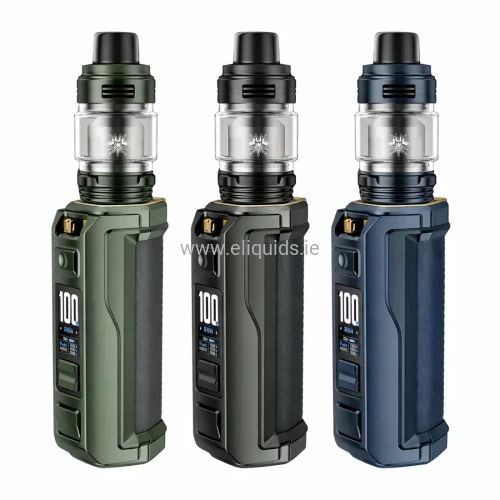 VOOPOO Argus XT UFORCE-L vape kit in three colours on white background.