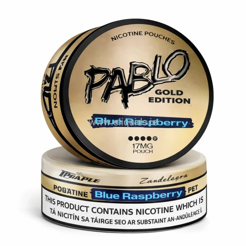 Pablo Gold Edition Blue Raspberry nicotine pouches 17mg with English and Irish warning