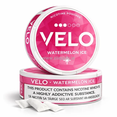 VELO Watermelon Ice nicotine pouches with English and Irish nicotine warning
