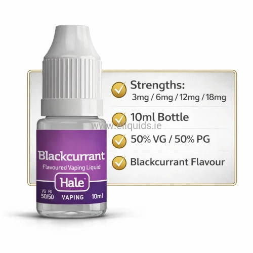 Hale Blackcurrant e-liquid 10ml bottle with product specifications
