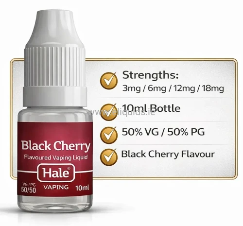 Hale Black Cherry e-liquid 10ml bottle with product specifications