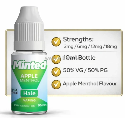 Hale Minted Apple Menthol e-liquid 10ml bottle with specifications