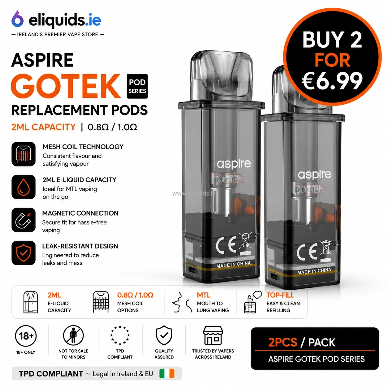 Aspire Gotek Replacement Pods 2-Pack 0.6Ω/0.8Ω – €6.99 Ireland