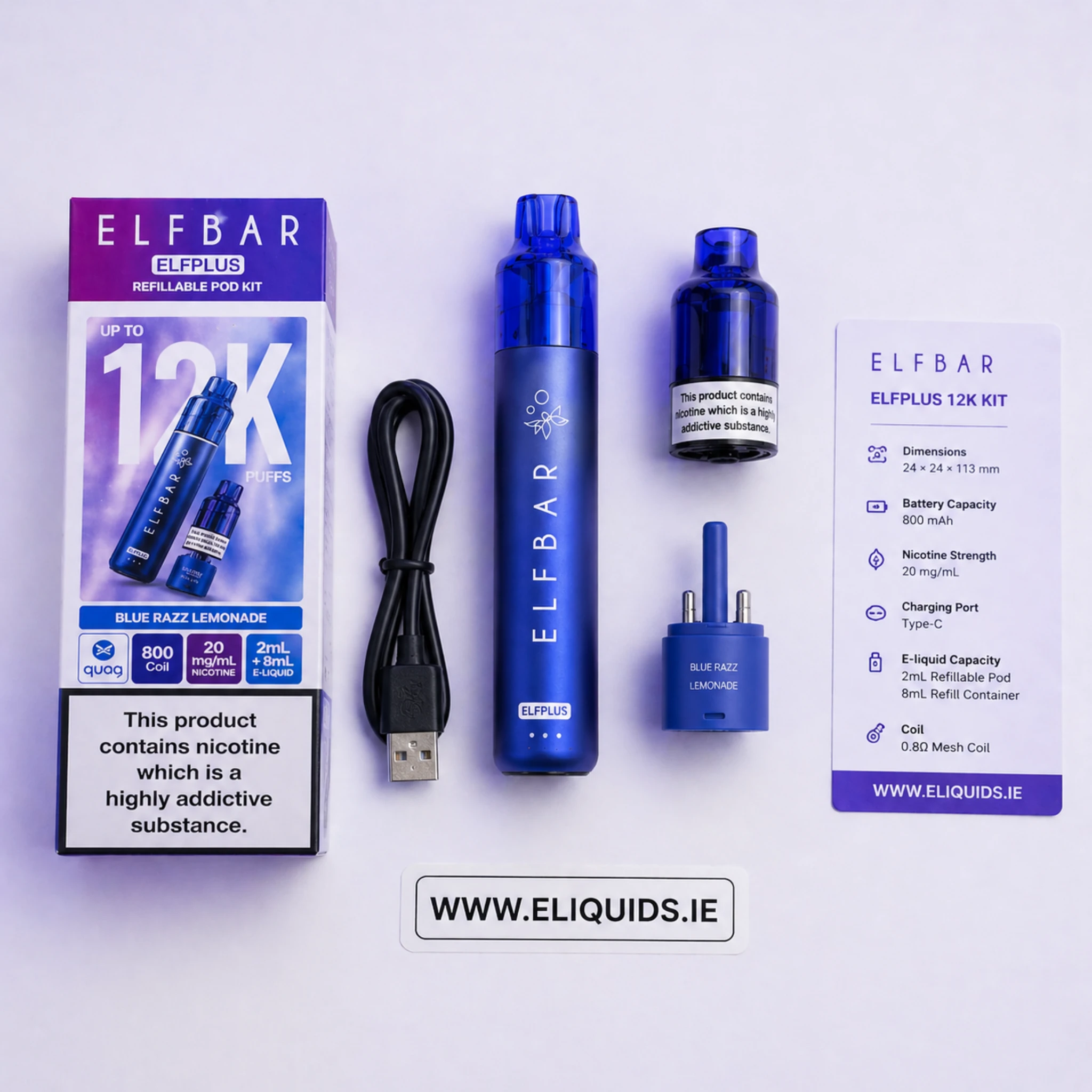 Elf Bar ElfPlus 12K Kit contents showing device and components for Ireland review
