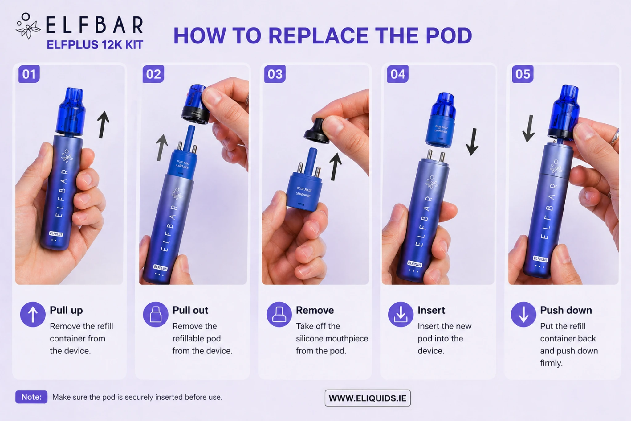 Elf Bar ELFPLUS 12K pod replacement step by step showing refill container setup