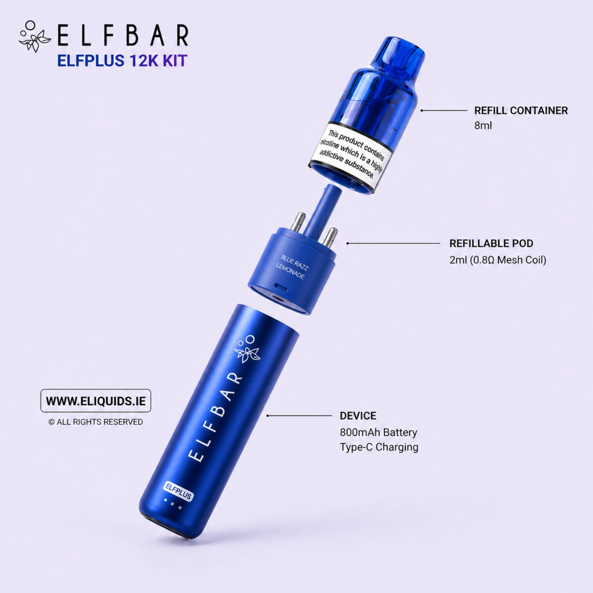 Exploded view of Elf Bar ElfPlus 12K Kit showing internal system and pod structure