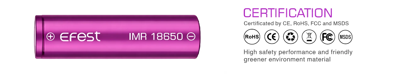 Efest 18650 3000mAh IMR lithium-ion battery authenticity and safety certification banner