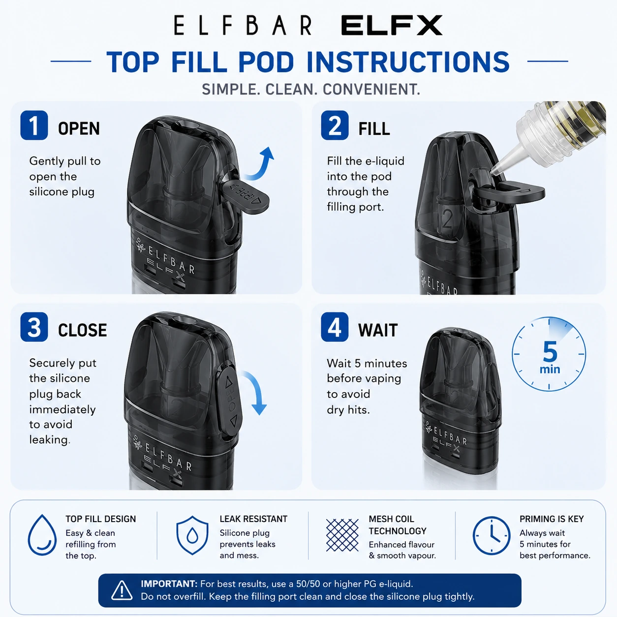 Elf Bar ELFX pod top fill instruction showing how to open the silicone seal and refill the pod