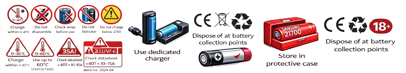 Samsung 21700 battery safety guide infographic with charging temperature limits, 35A warning and 2.5V cut-off