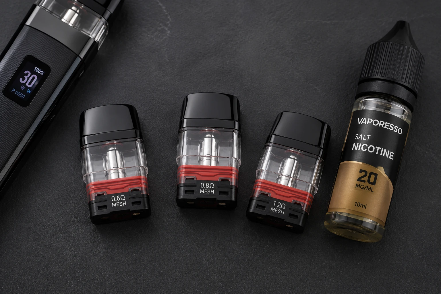 Comparison of Vaporesso XROS 6 replacement pods showing 0.6 ohm and 0.8 ohm mesh coil options